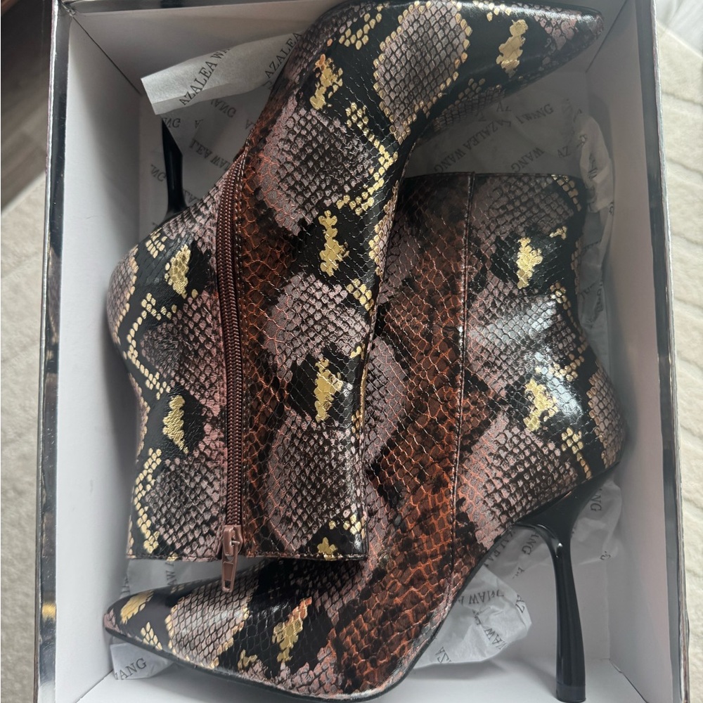 Azalea Wang Brown and Yellow Snake Print Booties